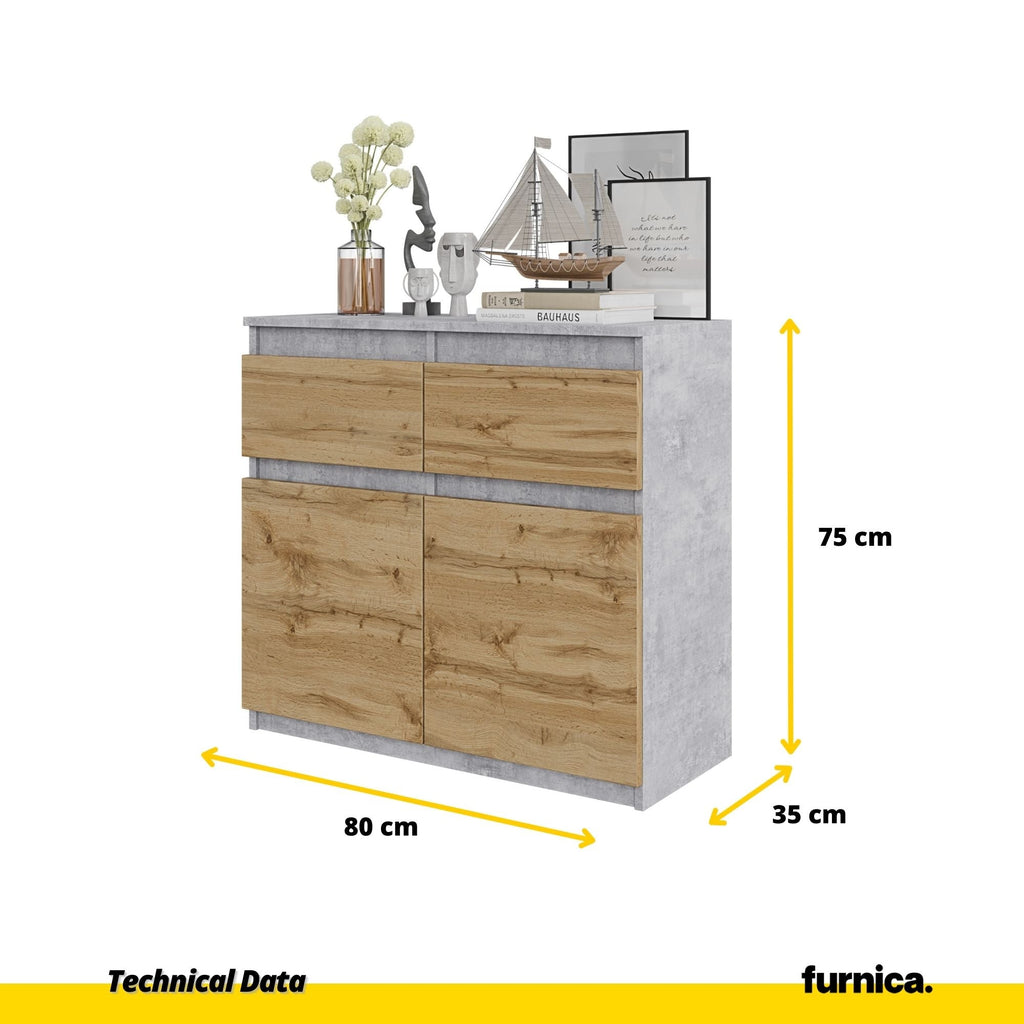 NOAH - Komoda se 2 šuplíky a 2 dveřmi - Skříň na uložení oblečení do ložnice - Beton / Wotan dub - Výška 75 cm, šířka 80 cm, hloubka 35 cm.