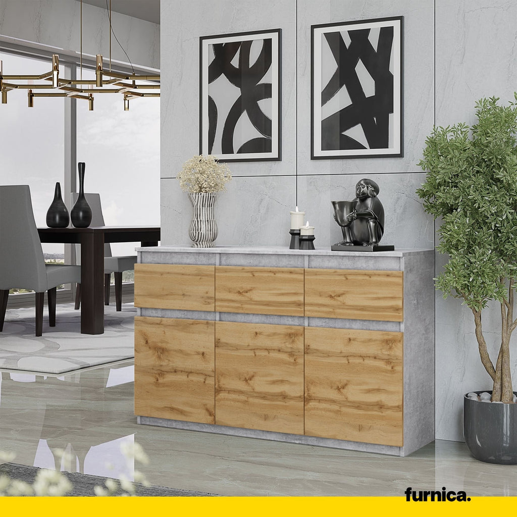 NOAH - Komoda se 3 šuplíky a 3 dveřmi - Skříň na uložení oblečení do ložnice - Beton / Wotan dub H75cm W120cm D35cm