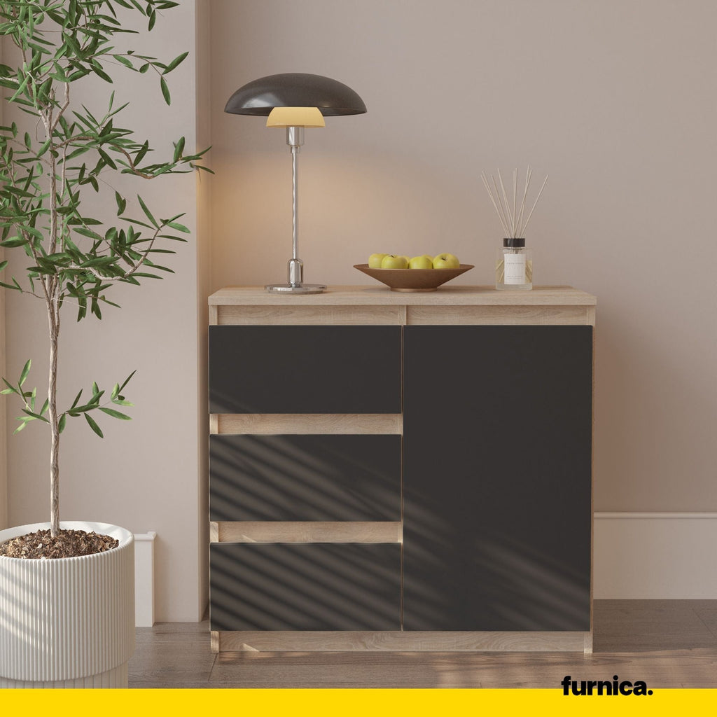 MIKEL - Komoda se 3 šuplíky a 1 dveřmi - Skříň na uložení oblečení do ložnice - Sonoma dub / antracit H75cm W80cm D35cm