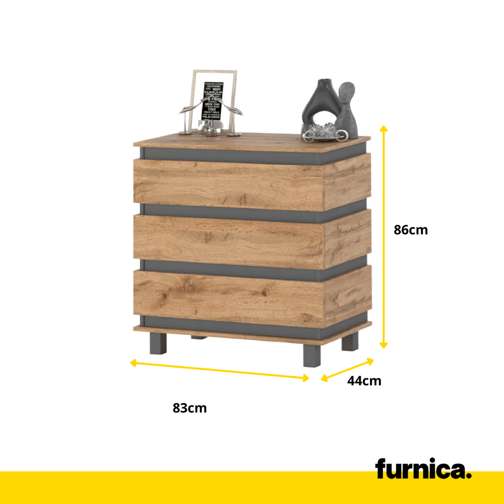 MARGARET - Komoda se 3 šuplíky - Skříň na oblečení do ložnice - Anthracit / Wotan dub H86cm W83cm D44cm