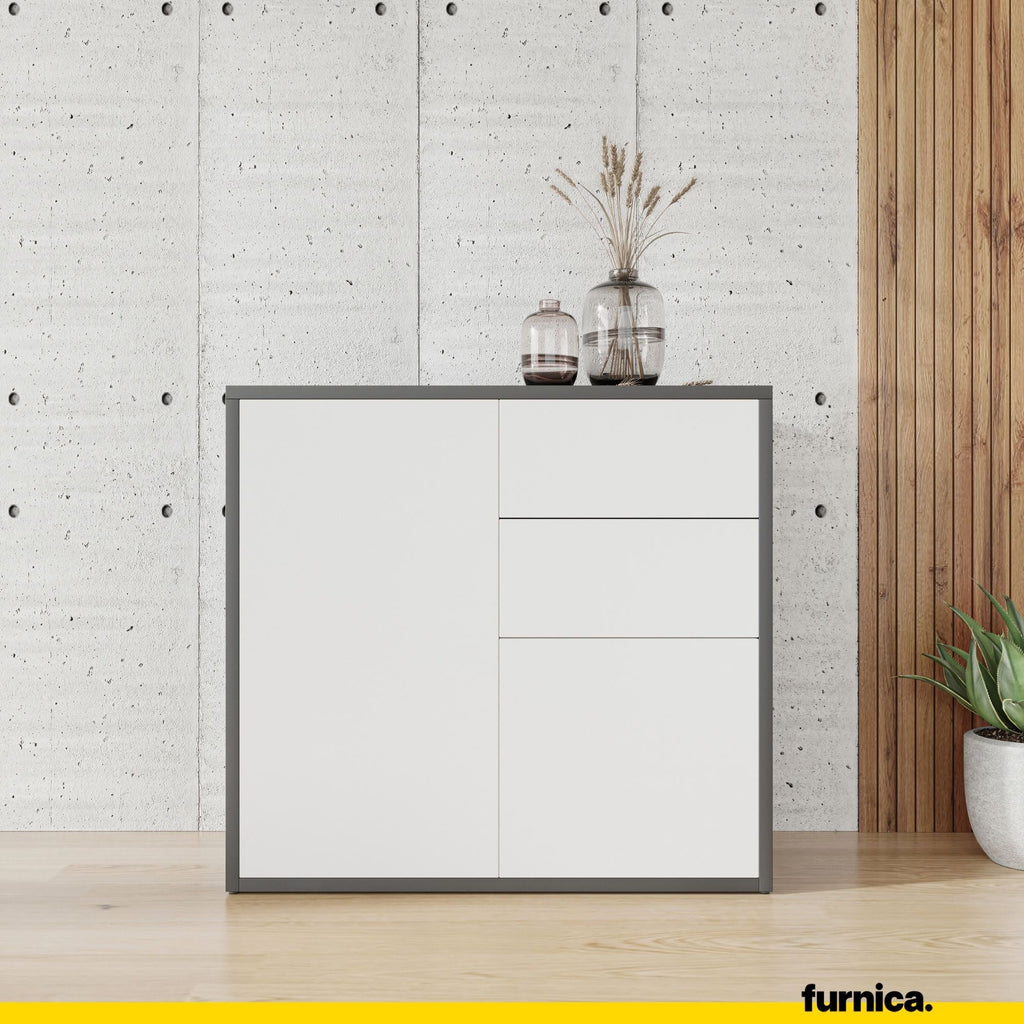CAMILLE - Skříň s dvěma dveřmi a dvěma šuplíky s funkcí push to open - antracit / bílá matná, výška 74 cm, šířka 80 cm, hloubka 36 cm.