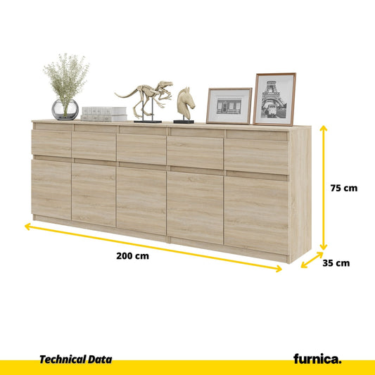 NOAH - Komoda se 5 šuplíky a 5 dveřmi - Skříň na uložení oblečení do ložnice - Sonoma dub - V: 75 cm, Š: 200 cm, H: 35 cm