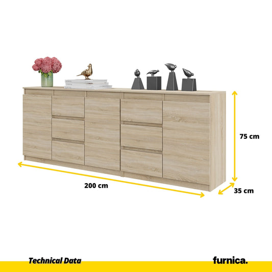 MIKEL - Komoda se 6 šuplíky a 3 dveřmi - Skříň na oblečení do ložnice - Sonoma dub - Výška 75 cm, šířka 200 cm, hloubka 35 cm.