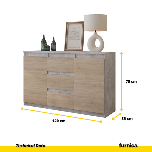 MIKEL - Komoda se 3 šuplíky a 2 dveřmi - Skříň na oblečení do ložnice - Beton / Sonoma dub - Výška 75 cm, šířka 120 cm, hloubka 35 cm.