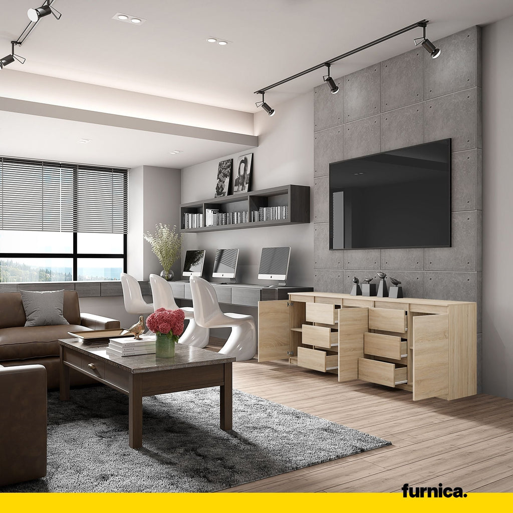 MIKEL - Komoda se 6 šuplíky a 3 dveřmi - Skříň na oblečení do ložnice - Sonoma dub - Výška 75 cm, šířka 200 cm, hloubka 35 cm.