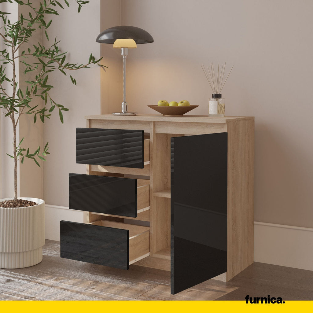 MIKEL - Komoda se 3 šuplíky a 1 dveřmi - Skříň na oblečení do ložnice - Sonoma dub / černý lesk - Výška 75 cm, šířka 80 cm, hloubka 35 cm.