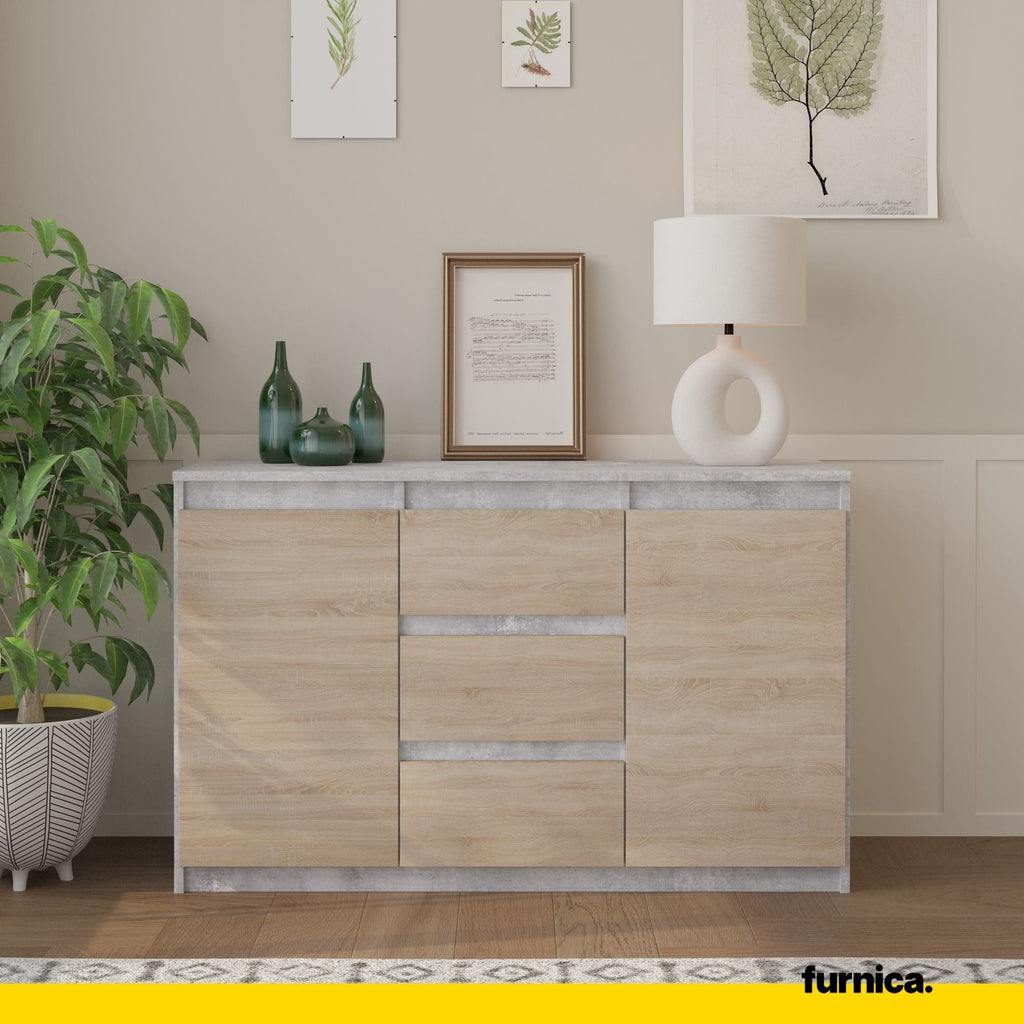 MIKEL - Komoda se 3 šuplíky a 2 dveřmi - Skříň na oblečení do ložnice - Beton / Sonoma dub - Výška 75 cm, šířka 120 cm, hloubka 35 cm.