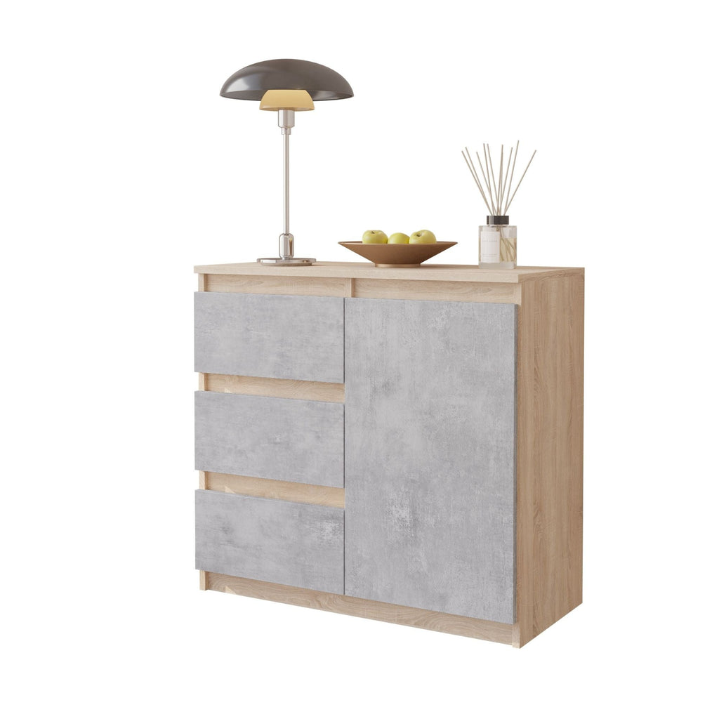 MIKEL - Komoda se 3 šuplíky a 1 dveřmi - Skříň na oblečení do ložnice - Sonoma dub / beton - Výška 75 cm, šířka 80 cm, hloubka 35 cm.