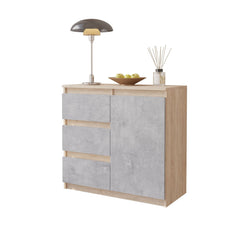 MIKEL - Komoda se 3 šuplíky a 1 dveřmi - Skříň na oblečení do ložnice - Sonoma dub / beton - Výška 75 cm, šířka 80 cm, hloubka 35 cm.