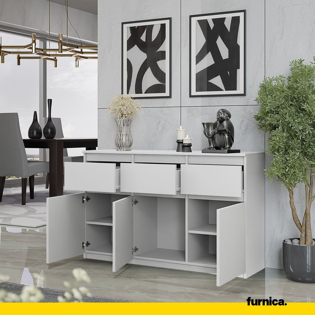 NOAH - Komoda se 3 šuplíky a 3 dveřmi - Skříň na uložení oblečení do ložnice - Bílá matná barva - Výška 75 cm, šířka 120 cm, hloubka 35 cm.