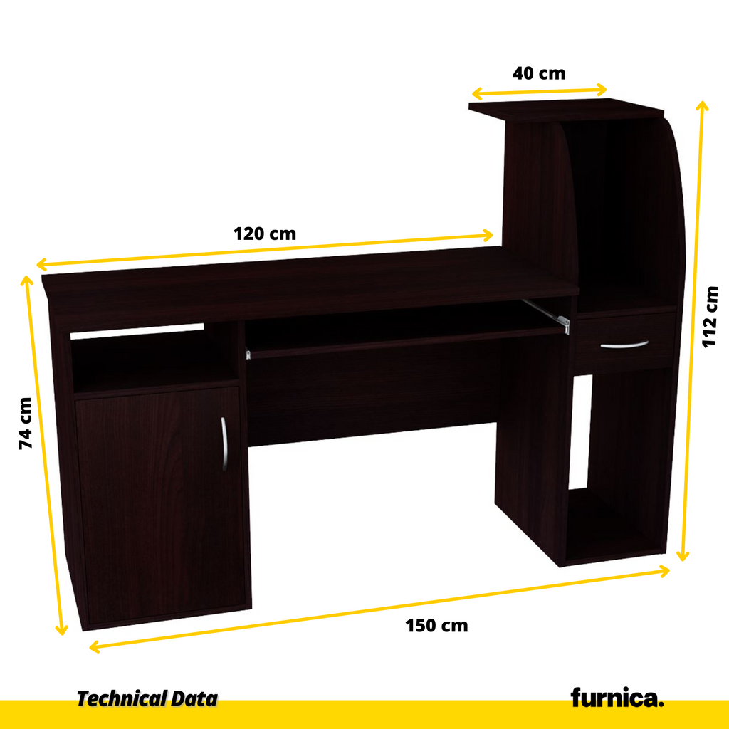 ROBIN - Počítačový stůl s 1 šuplíkem a 1 dveřmi a výsuvnou klávesnicí - Wenge H112cm W150cm D50cm
