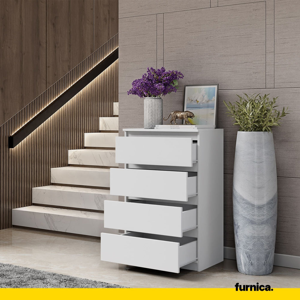 GABRIEL - Komoda se 4 zásuvkami - Skříň na oblečení do ložnice - Bílá matná - Výška 92 cm, šířka 60 cm, hloubka 33 cm.