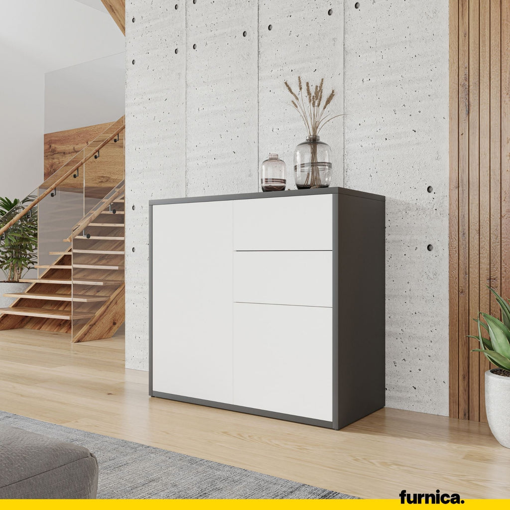 CAMILLE - Skříň s dvěma dveřmi a dvěma šuplíky s funkcí push to open - antracit / bílá matná, výška 74 cm, šířka 80 cm, hloubka 36 cm.