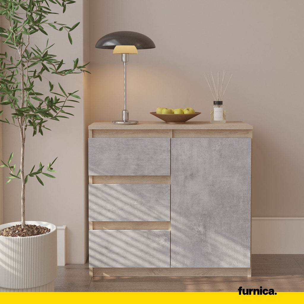 MIKEL - Komoda se 3 šuplíky a 1 dveřmi - Skříň na oblečení do ložnice - Sonoma dub / beton - Výška 75 cm, šířka 80 cm, hloubka 35 cm.