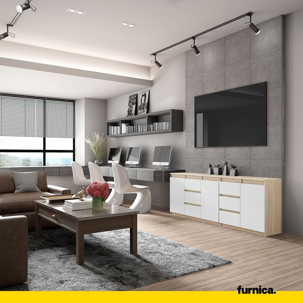 MIKEL - Komoda se 6 šuplíky a 3 dveřmi - Skříň na oblečení do ložnice - Sonoma dub / bílý matný - Výška 75 cm, šířka 200 cm, hloubka 35 cm.