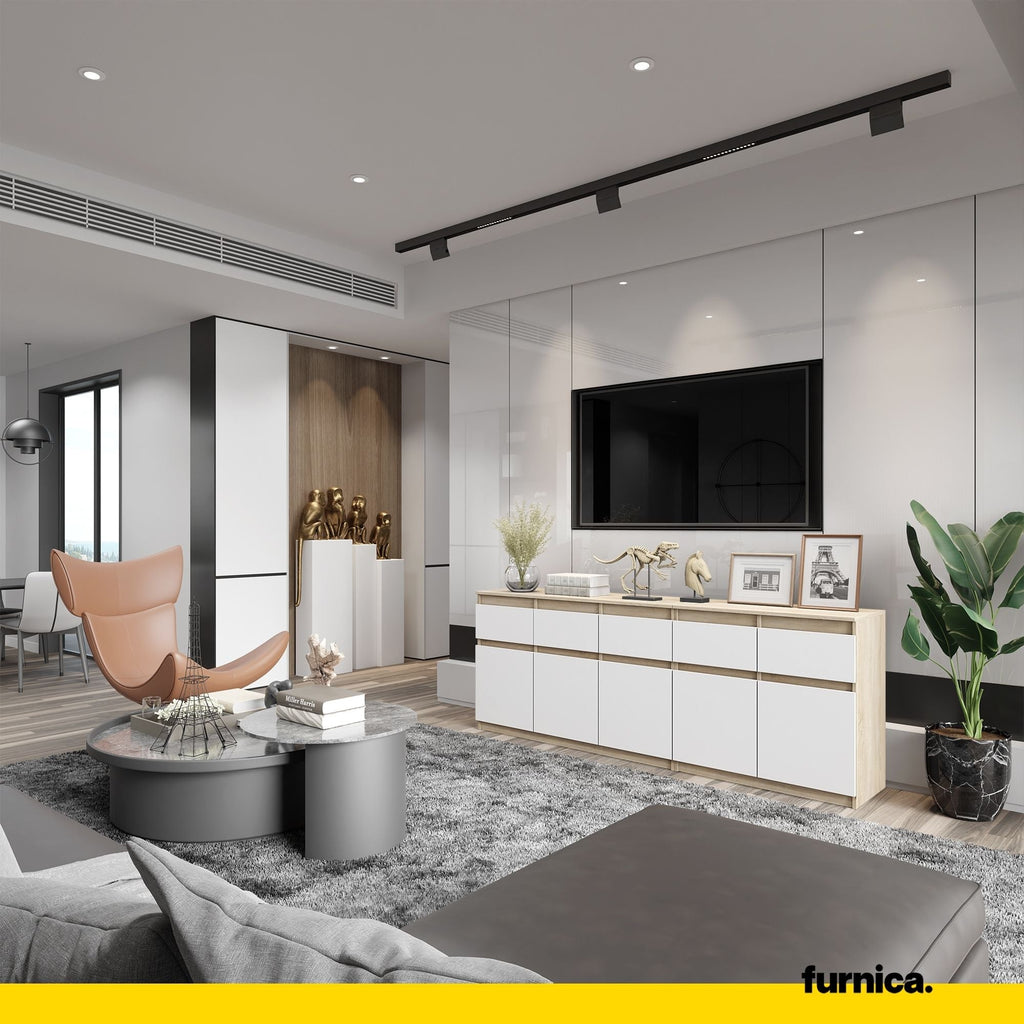 NOAH - Komoda se 5 šuplíky a 5 dveřmi - Skříň na uložení oblečení do ložnice - Sonoma dub / bílý matný - Výška 75 cm, šířka 200 cm, hloubka 35 cm.