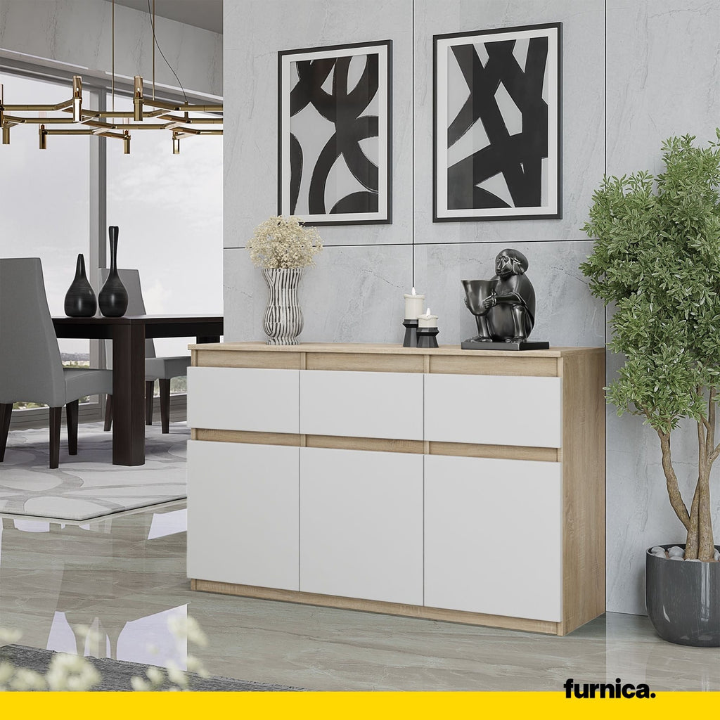 NOAH - Komoda se 3 šuplíky a 3 dveřmi - Skříň na uložení oblečení do ložnice - Sonoma dub / bílý matný povrch - Výška 75 cm, šířka 120 cm, hloubka 35 cm.