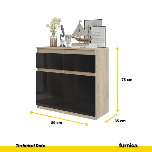 NOAH - Komoda se 2 šuplíky a 2 dveřmi - Skříň na uložení oblečení do ložnice - Sonoma dub / černý lesk - Výška 75 cm, šířka 80 cm, hloubka 35 cm.