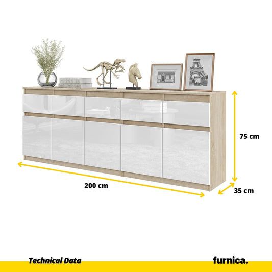NOAH - Komoda se 5 šuplíky a 5 dveřmi - Skříň na uložení oblečení do ložnice - Sonoma dub / bílý lesk H75cm W200cm D35cm