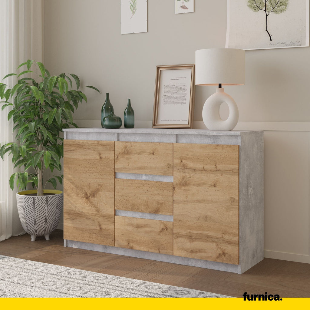 MIKEL - Komoda se 3 šuplíky a 2 dveřmi - Skříň na oblečení do ložnice - Beton / Wotan dub H75cm Š120cm H35cm