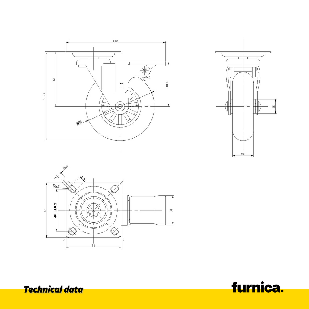 Kolečko nábytku s montážní deskou a brzdou - průhledné - chrom - Ø7,5 cm