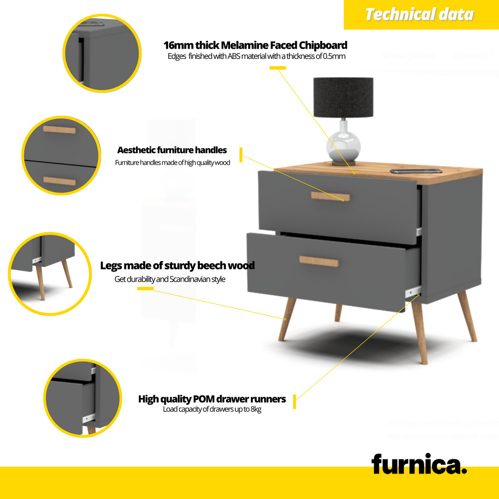 INGRID - Skandinávský noční stolek - noční stolek se 2 zásuvkami - antracitově šedý / Wotan dub H45cm W45cm D30cm