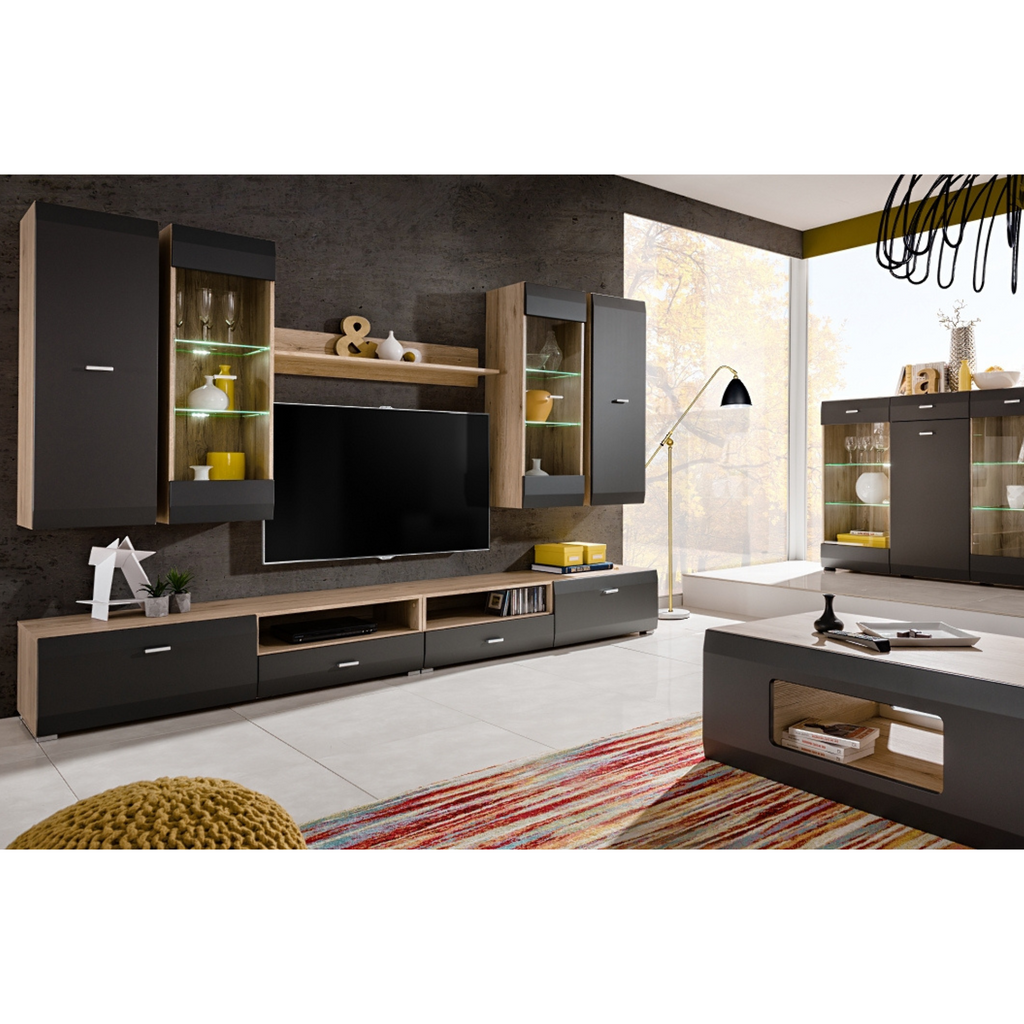 Stěnová jednotka CLIF - sada nábytku do obývacího pokoje - San Remo dub / antracitově šedá