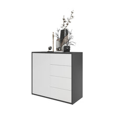 CAMILLE - Skříň s dvířky a 4 zásuvkami s funkcí push to open - antracit / bílá matná barva, výška 74 cm, šířka 80 cm, hloubka 36 cm.
