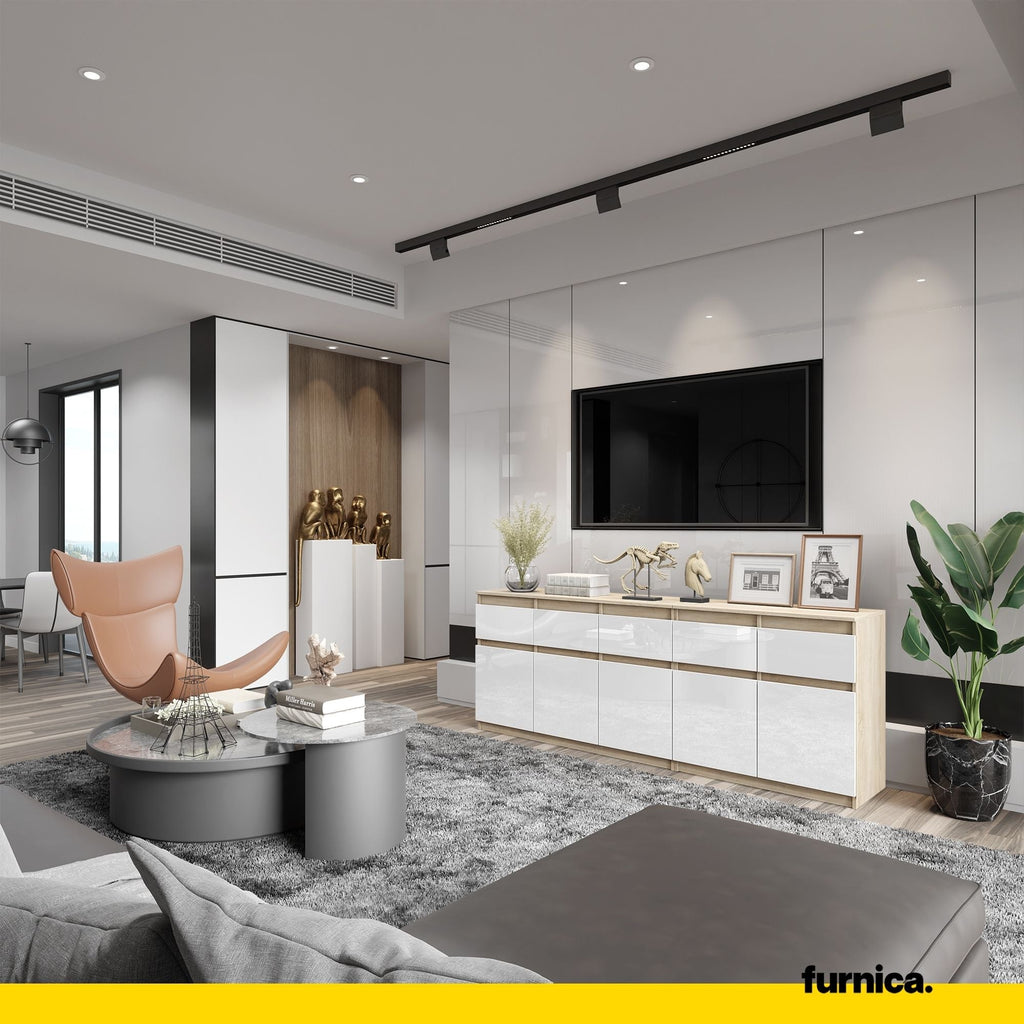 NOAH - Komoda se 5 šuplíky a 5 dveřmi - Skříň na uložení oblečení do ložnice - Sonoma dub / bílý lesk H75cm W200cm D35cm