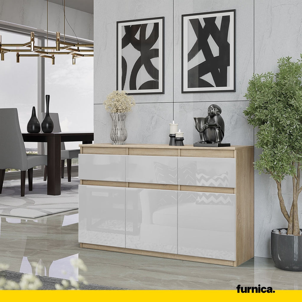 NOAH - Komoda se 3 šuplíky a 3 dveřmi - Skříň na uložení oblečení do ložnice - Sonoma dub / bílý lesk - Výška 75 cm, šířka 120 cm, hloubka 35 cm.