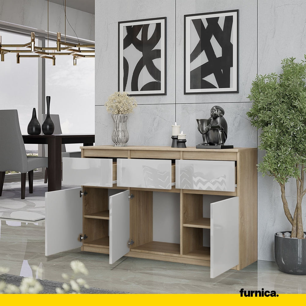 NOAH - Komoda se 3 šuplíky a 3 dveřmi - Skříň na uložení oblečení do ložnice - Sonoma dub / bílý lesk - Výška 75 cm, šířka 120 cm, hloubka 35 cm.