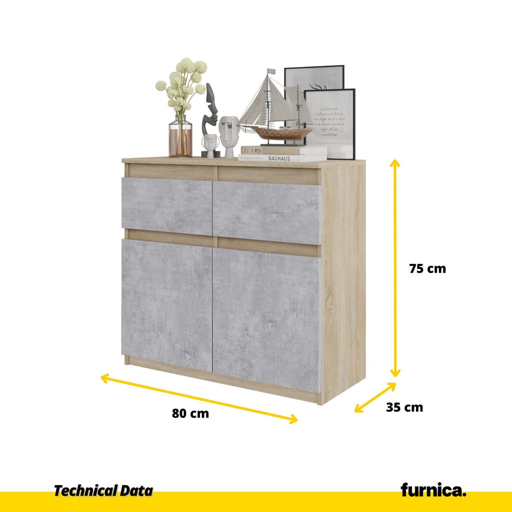 NOAH - Komoda se 2 šuplíky a 2 dveřmi - Skříň na uložení oblečení do ložnice - Sonoma dub / beton - Výška 75 cm, šířka 80 cm, hloubka 35 cm.