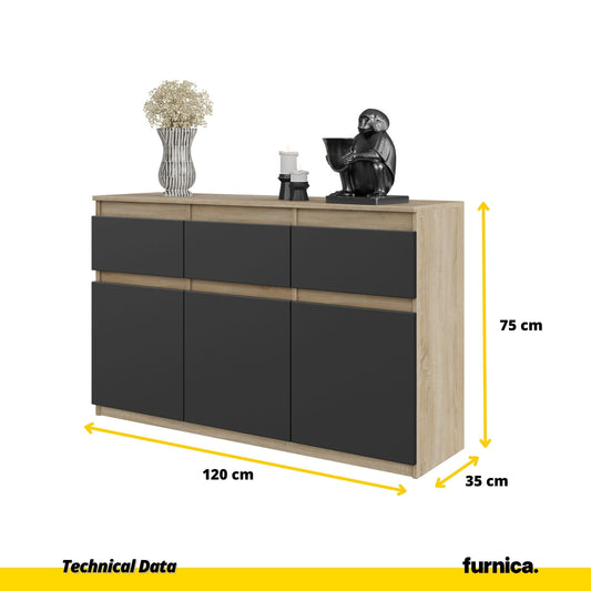 NOAH - Komoda se 3 šuplíky a 3 dveřmi - Skříň na uložení oblečení do ložnice - Sonoma dub / antracit H75cm W120cm D35cm