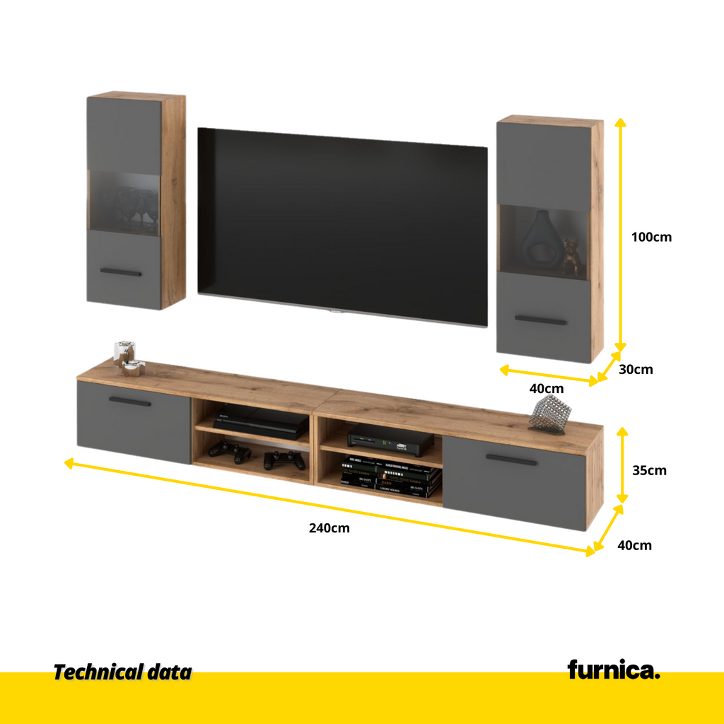 MIRANDA - Sada zavěšené televizní jednotky - 4 skříně - Wotan dub / antracitově šedá
