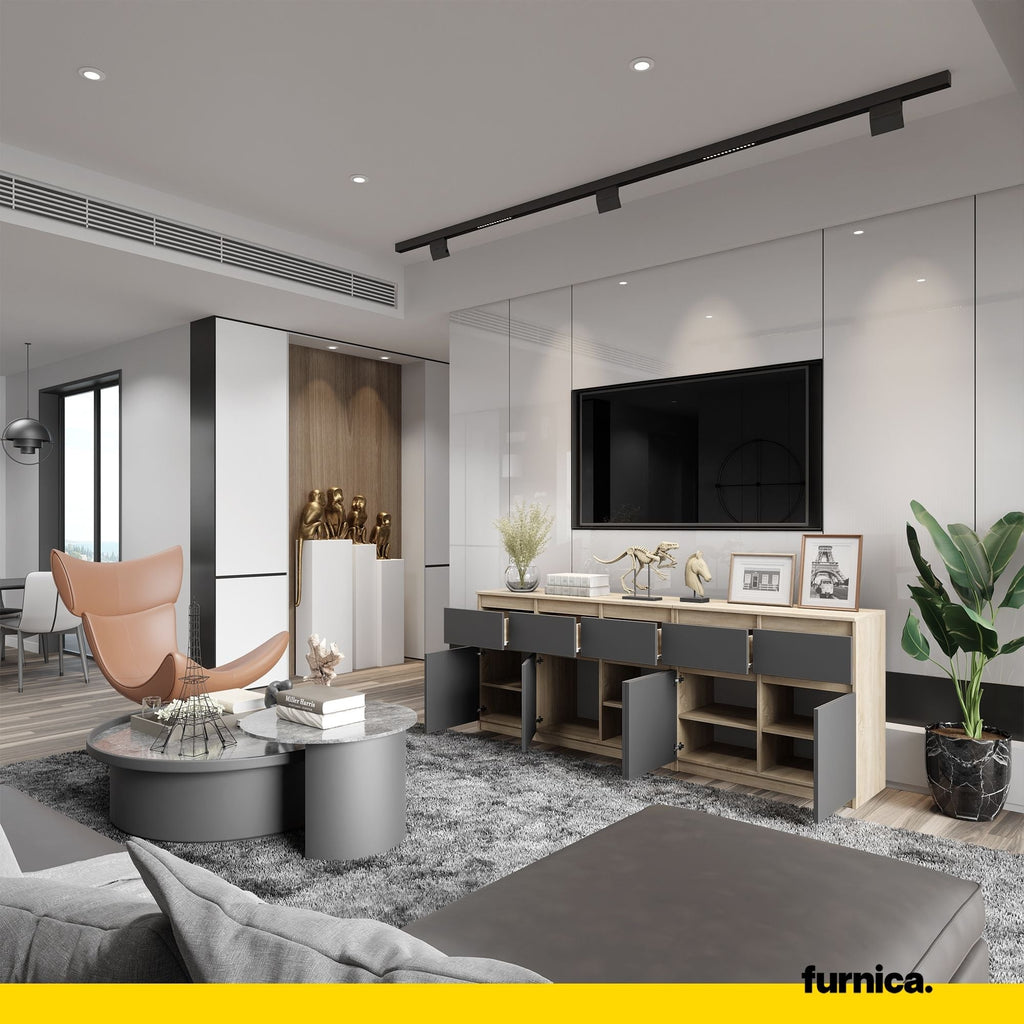 NOAH - Komoda se 5 šuplíky a 5 dveřmi - Skříň na uložení oblečení do ložnice - Sonoma dub / antracitová - V: 75 cm, Š: 200 cm, H: 35 cm