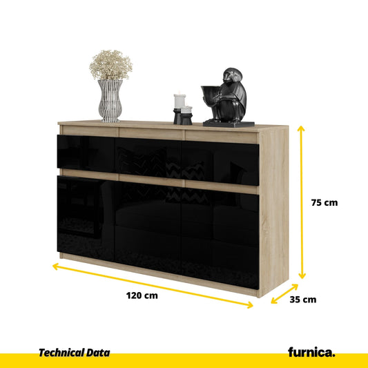 NOAH - Komoda se 3 šuplíky a 3 dveřmi - Skříň na uložení oblečení do ložnice - Sonoma dub / černý lesk - Výška 75 cm, šířka 120 cm, hloubka 35 cm.