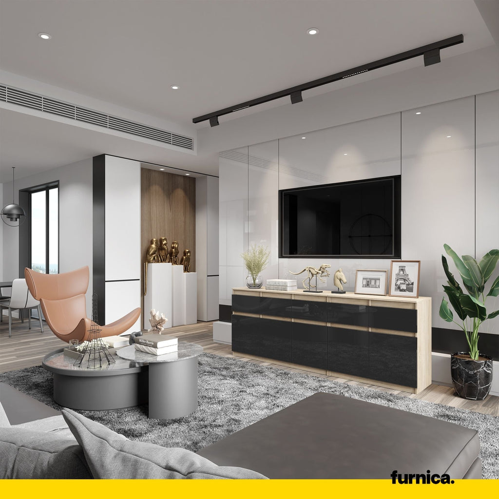 NOAH - Komoda se 5 šuplíky a 5 dveřmi - Skříň na uložení oblečení do ložnice - Sonoma dub / černý lesk - V: 75 cm, Š: 200 cm, H: 35 cm