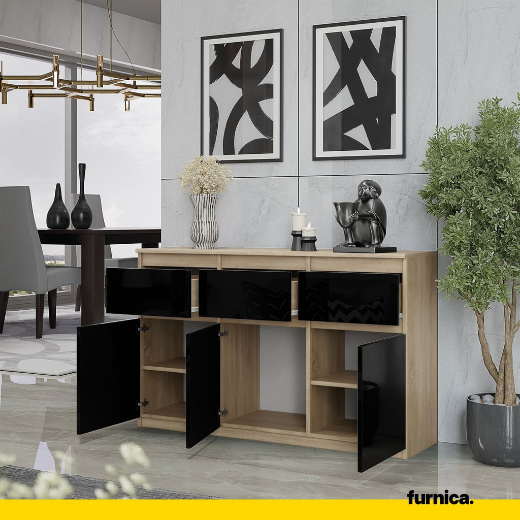 NOAH - Komoda se 3 šuplíky a 3 dveřmi - Skříň na uložení oblečení do ložnice - Sonoma dub / černý lesk - Výška 75 cm, šířka 120 cm, hloubka 35 cm.