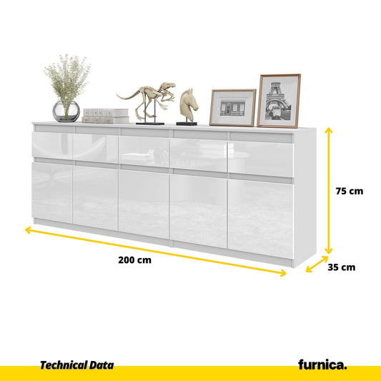 NOAH - Komoda se 5 šuplíky a 5 dveřmi - Skříň na uložení oblečení do ložnice - Bílý mat / Bílý lesk H75cm W200cm D35cm