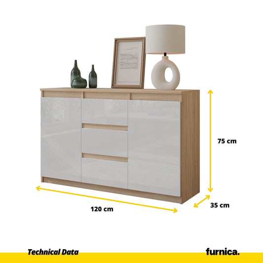 MIKEL - Komoda se 3 šuplíky a 2 dveřmi - Skříň na oblečení do ložnice - Sonoma dub / bílý lesk - Výška 75 cm, šířka 120 cm, hloubka 35 cm.