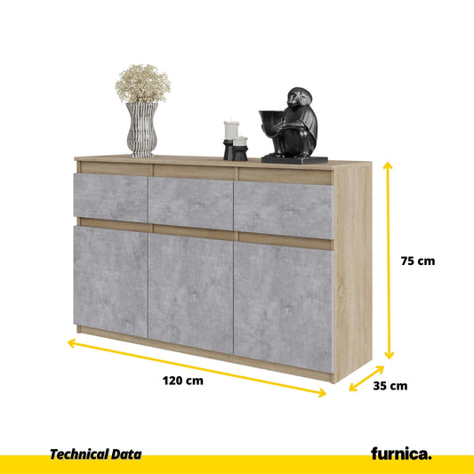 NOAH - Komoda se 3 šuplíky a 3 dveřmi - Skříň na uložení oblečení do ložnice - Sonoma dub / beton - Výška 75 cm, šířka 120 cm, hloubka 35 cm.