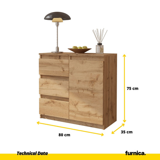MIKEL - Komoda se 3 šuplíky a 1 dveřmi - Skříň na oblečení do ložnice - Skříňka na uložení - Wotan dub - V: 75 cm, Š: 80 cm, H: 35 cm