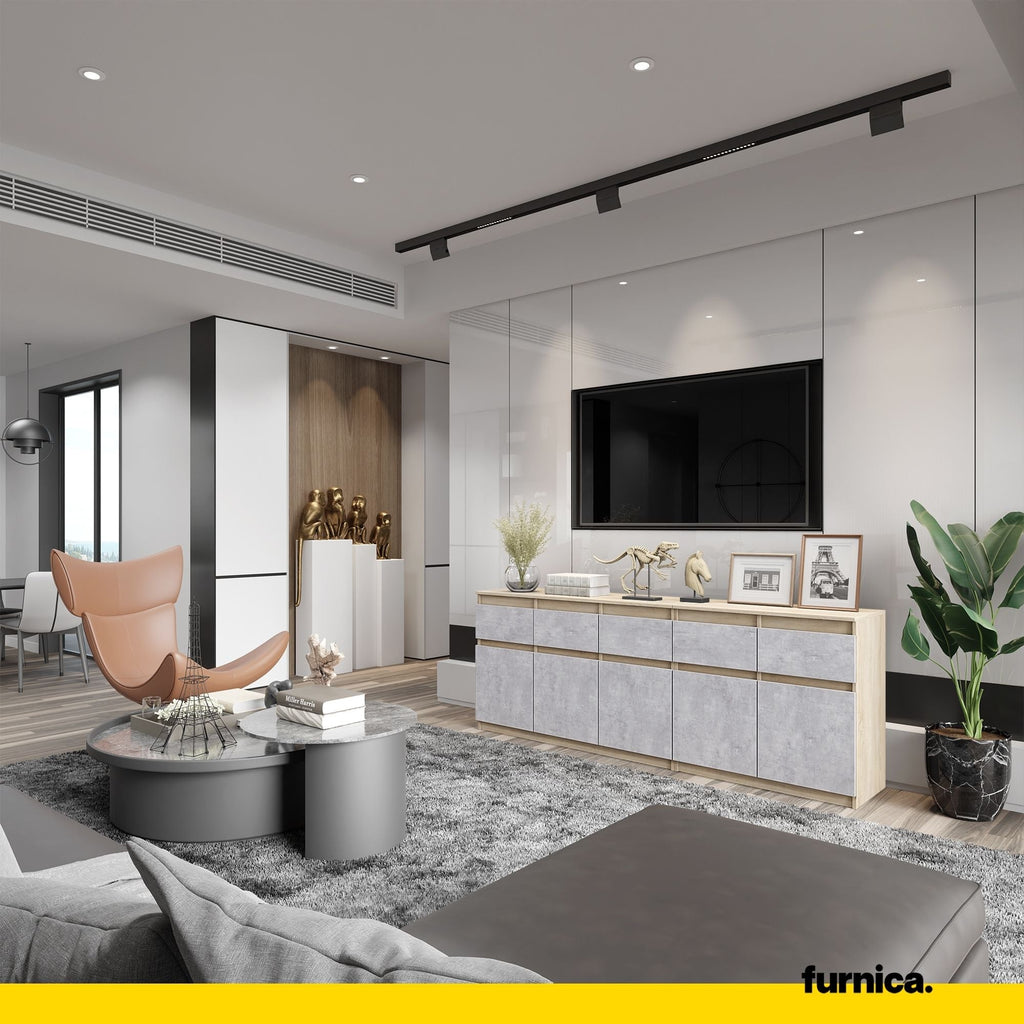 NOAH - Komoda se 5 šuplíky a 5 dveřmi - Skříň na uložení oblečení do ložnice - Sonoma dub / beton - Výška 75 cm, šířka 200 cm, hloubka 35 cm.