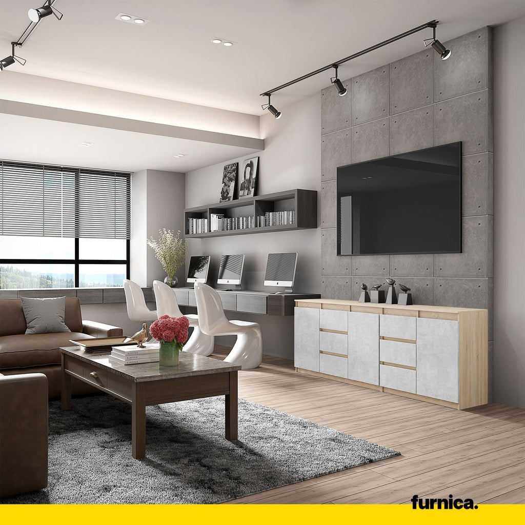 MIKEL - Komoda se 6 šuplíky a 3 dveřmi - Skříň na oblečení do ložnice - Sonoma dub / beton - Výška 75 cm, šířka 200 cm, hloubka 35 cm.