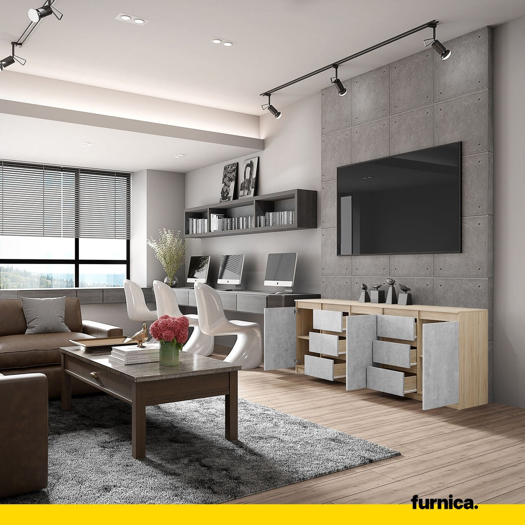 MIKEL - Komoda se 6 šuplíky a 3 dveřmi - Skříň na oblečení do ložnice - Sonoma dub / beton - Výška 75 cm, šířka 200 cm, hloubka 35 cm.