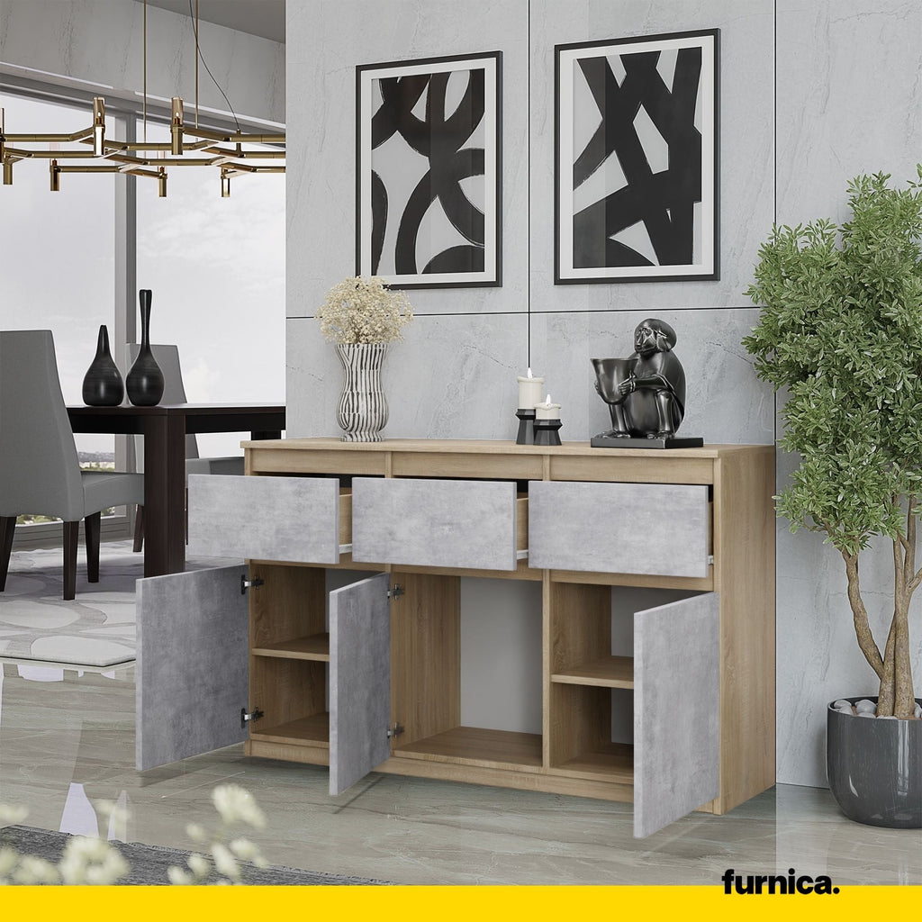 NOAH - Komoda se 3 šuplíky a 3 dveřmi - Skříň na uložení oblečení do ložnice - Sonoma dub / beton - Výška 75 cm, šířka 120 cm, hloubka 35 cm.