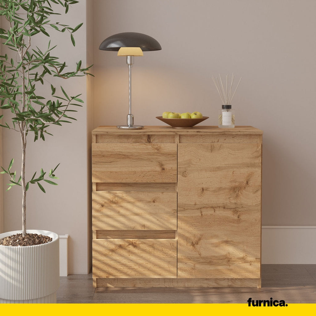 MIKEL - Komoda se 3 šuplíky a 1 dveřmi - Skříň na oblečení do ložnice - Skříňka na uložení - Wotan dub - V: 75 cm, Š: 80 cm, H: 35 cm