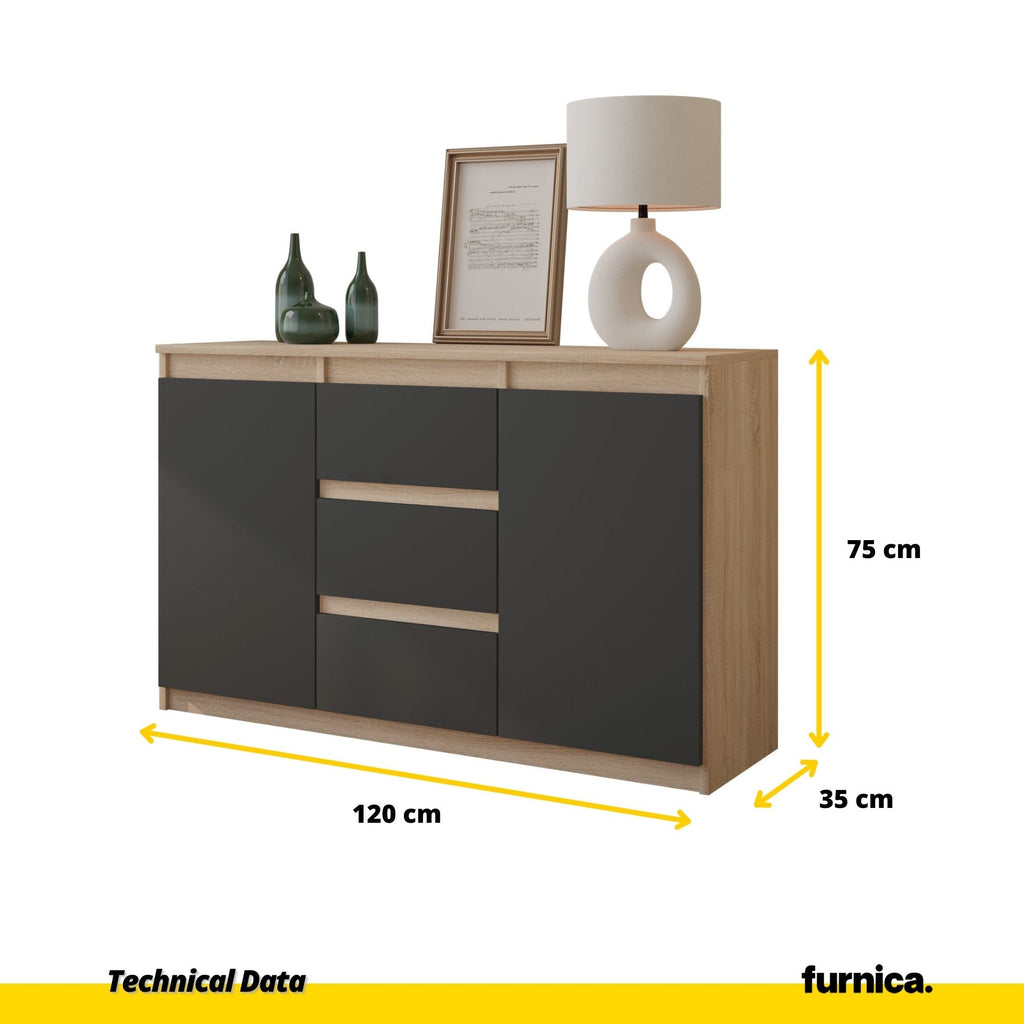 MIKEL - Komoda se 3 šuplíky a 2 dveřmi - Skříň na oblečení do ložnice - Sonoma dub / antracit H75cm W120cm D35cm