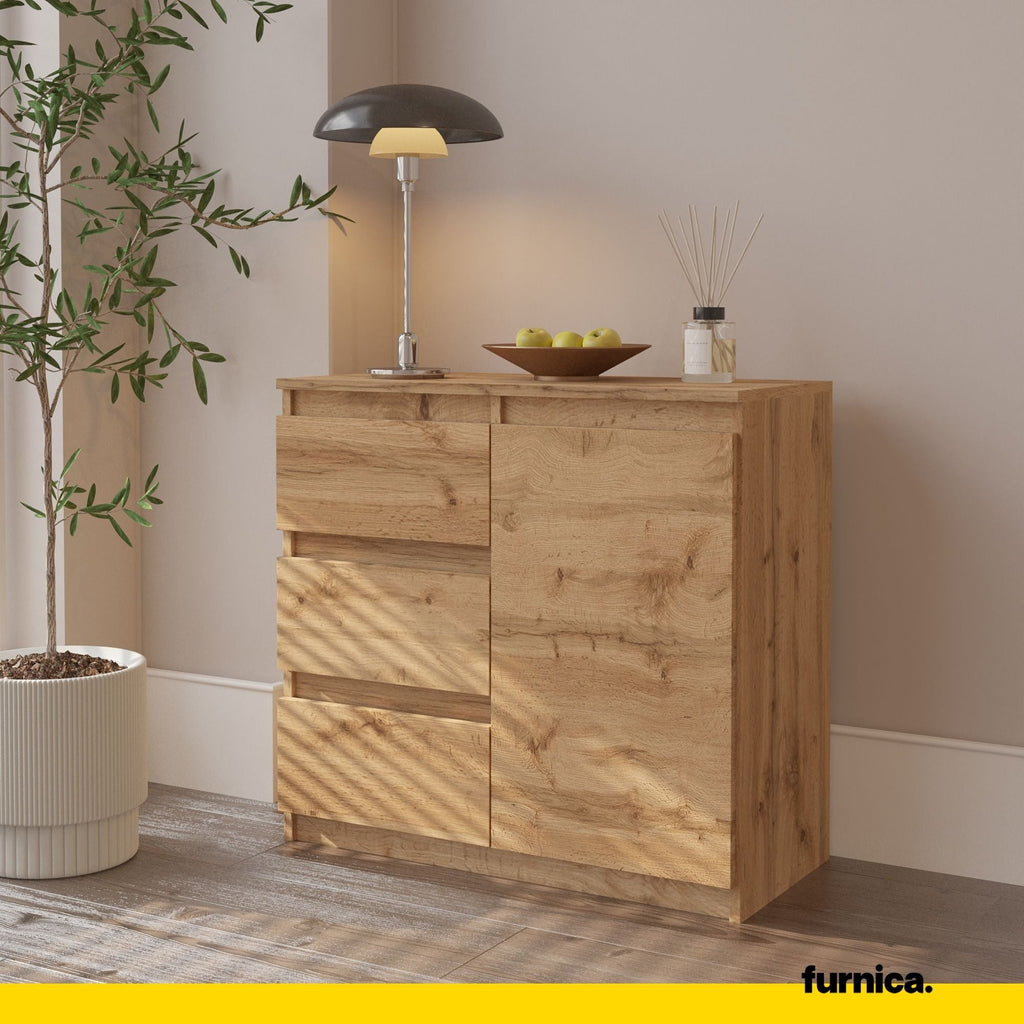 MIKEL - Komoda se 3 šuplíky a 1 dveřmi - Skříň na oblečení do ložnice - Skříňka na uložení - Wotan dub - V: 75 cm, Š: 80 cm, H: 35 cm