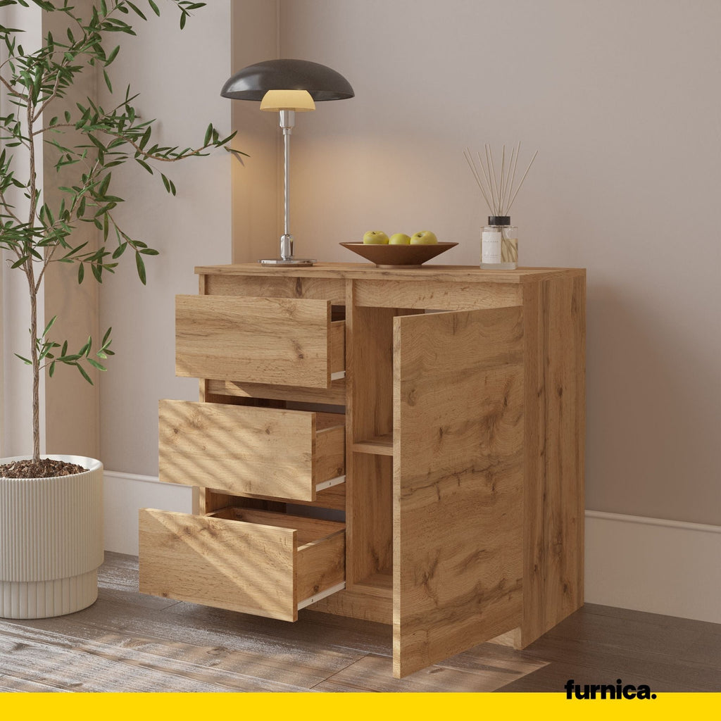 MIKEL - Komoda se 3 šuplíky a 1 dveřmi - Skříň na oblečení do ložnice - Skříňka na uložení - Wotan dub - V: 75 cm, Š: 80 cm, H: 35 cm